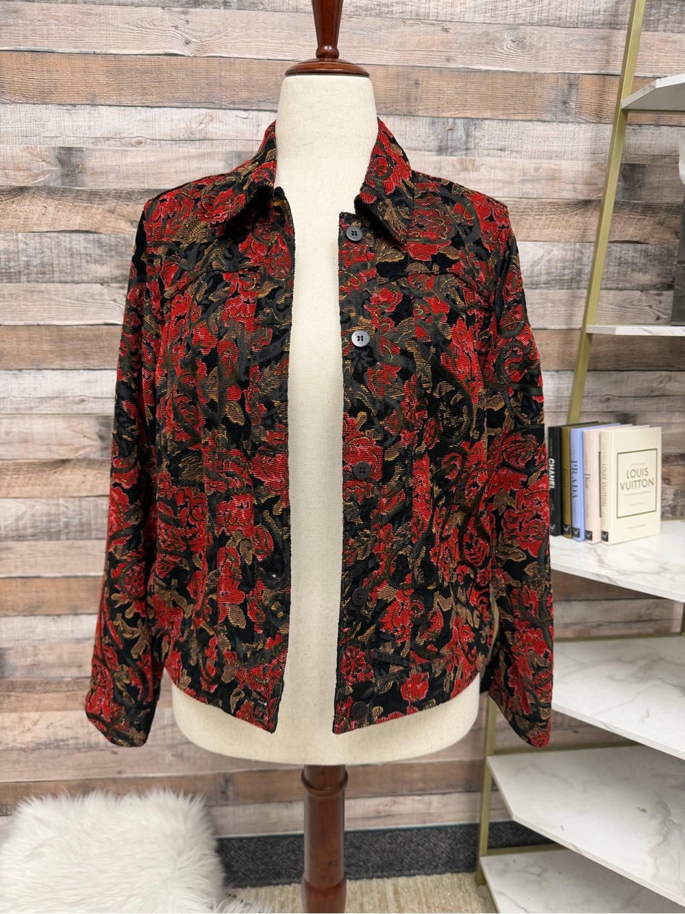 Cold Water Creek Red & Black Floral Print Jacket